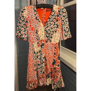 Zara Trafaluc Floral Print Mini Dress V-Neck‎ Short Sleeve Colorful Size S